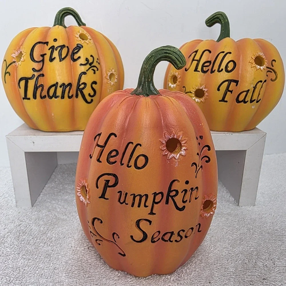 Set Of 3 Light Up Battery Orange Pumpkins Welcome Hello Fall Season Give Thanks